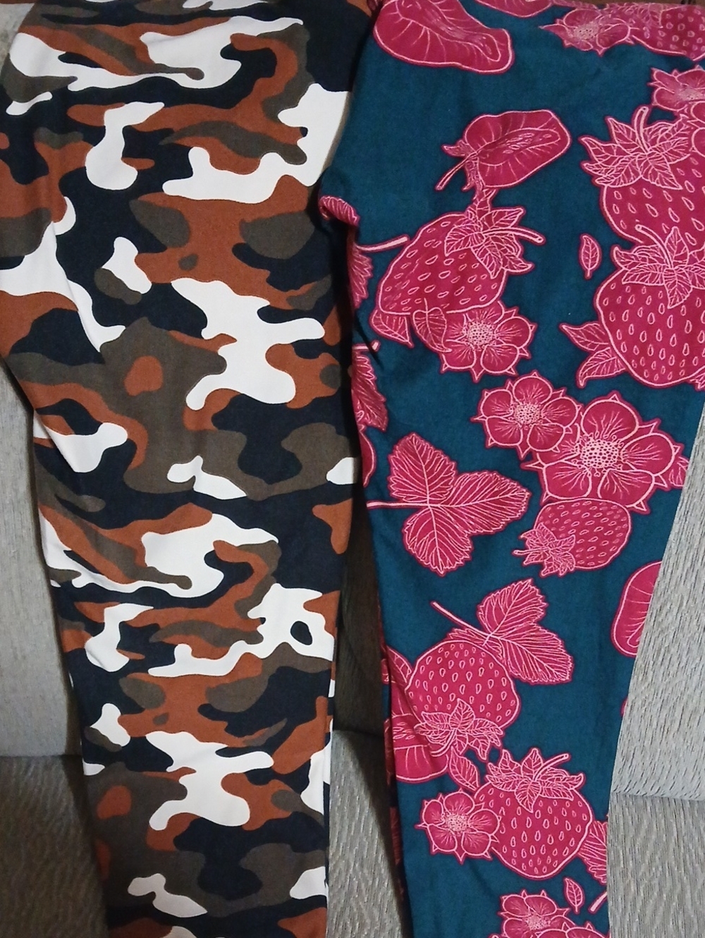 LuLaRoe Leggings Pair — Brown Camo & Teal with Pink Strawberry Print
